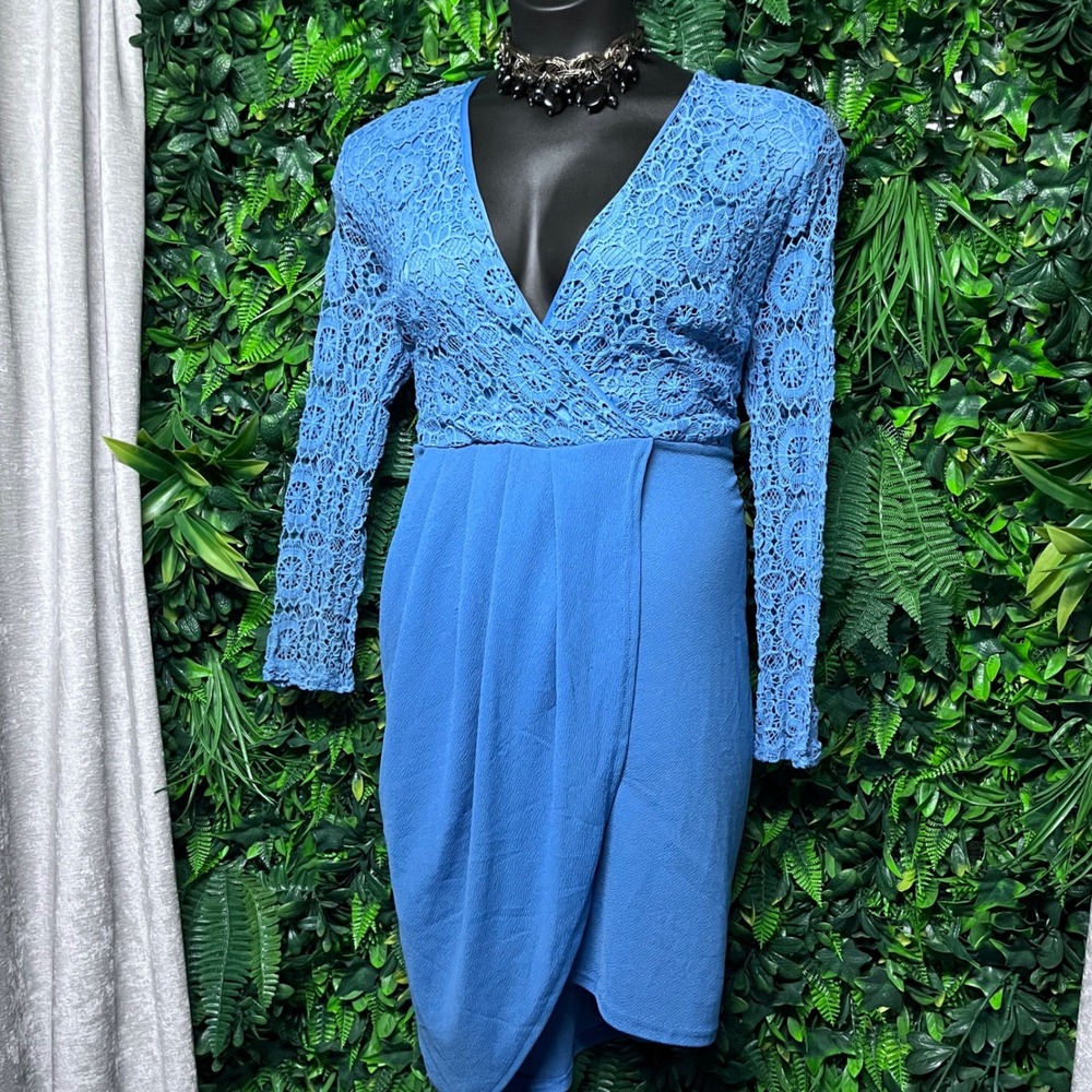 Club L London Dress Sz 20 Blue Lace Wrap Front V-Neck‎ Long Sleeve Cocktail 3942